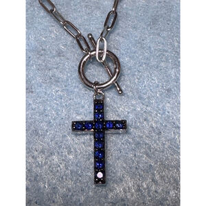 Sterling Silver Paperclip Necklace with Created Blue Sapphire Cross